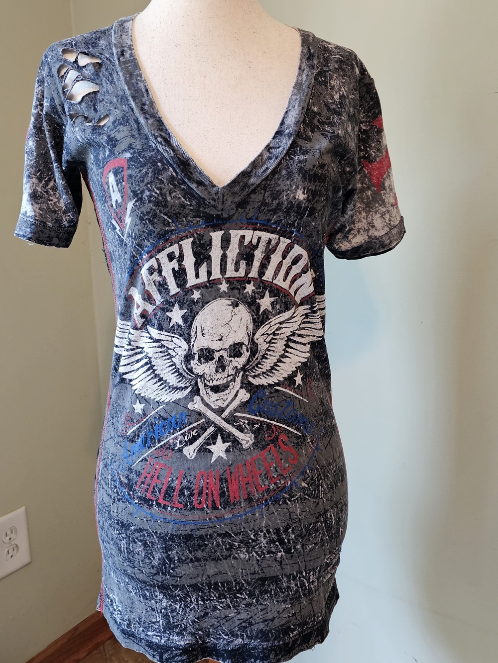 Reversible Affliction Black & Gray Distressed V-Neck Tee with Red & Blue Accents